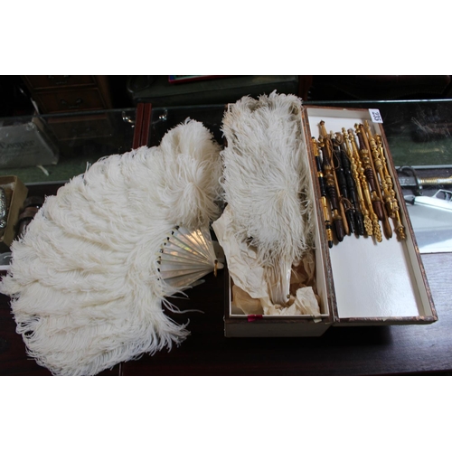 235 - Collection of Antique Fan holders gilded & 2 Ostrich Feather Fans