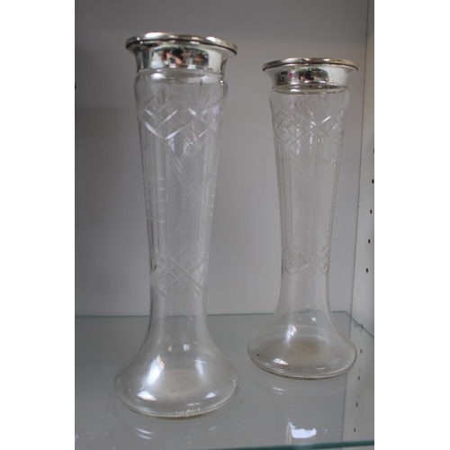 68 - Pair of 20thC Silver Rimmed vases with Cut glass decoration. 25cm in Height