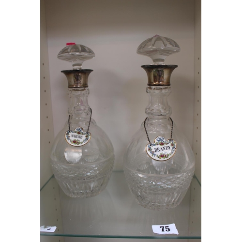 75 - Pair of Good quality Cut Crystal Decanters with Silver rims with Whisky & Brandy Coalport labels