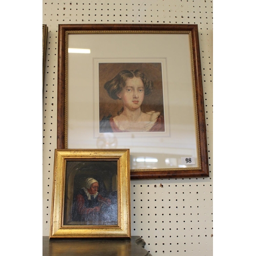 98 - Framed watercolour of Louise De Keroulle Duchess of Portsmouth, unsigned and a small Oil on board of... 