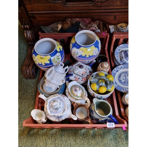 174 - Large Tray of assorted 19thC and later Ceramics inc. Teapots, Pair of Vases etc