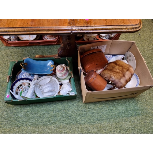 176 - 2 Boxes of assorted Ceramics and bygones inc. Royal Albert Val Dor, Fur Muff etc