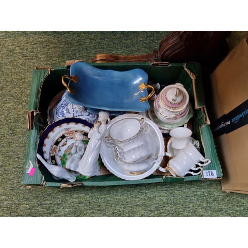 176 - 2 Boxes of assorted Ceramics and bygones inc. Royal Albert Val Dor, Fur Muff etc