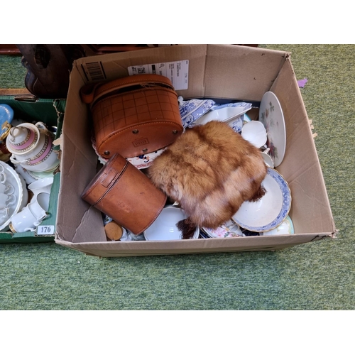 176 - 2 Boxes of assorted Ceramics and bygones inc. Royal Albert Val Dor, Fur Muff etc