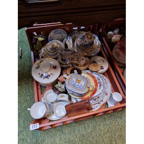 177 - Tray of assorted 19thC and Later Ceramics inc. Royal Worcester Evesham, Blue & White etc