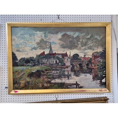 205 - Gilt Framed Oil on canvas of a river scene monogrammed S R