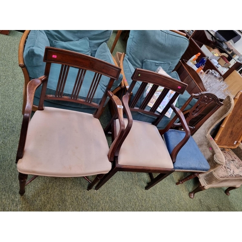 261 - Pair of 19thC Mahogany Elbow chairs with upholstered seats and a Edwardian upholstered chair