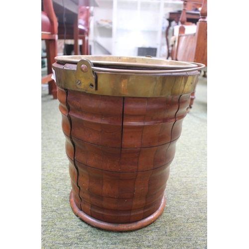 19 - 18thC Georgian Peat Bucket of banded form with brass band, liner and brass hoop handle