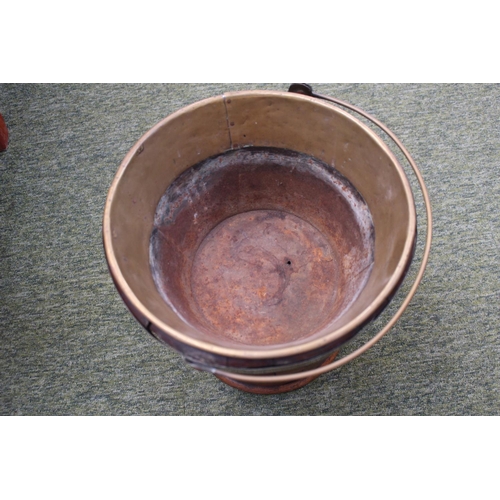 19 - 18thC Georgian Peat Bucket of banded form with brass band, liner and brass hoop handle