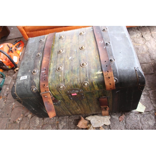 376 - Vintage Metal Travelling trunk with leather strapping