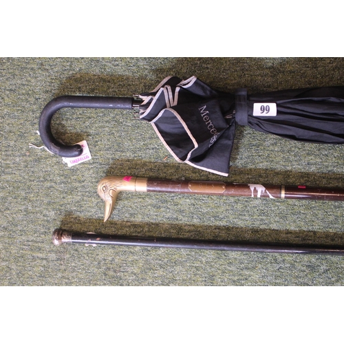 99 - Mercedes Benz Umbrella, Walking Stick with Brass Duck handle and another Cane