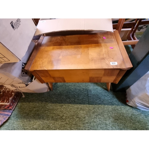 321 - Walnut Chequered veneer sewing box on splayed legs