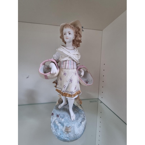 36 - Large Bisque figure of a Edwardian Girl with flower baskets with hand painted decoration