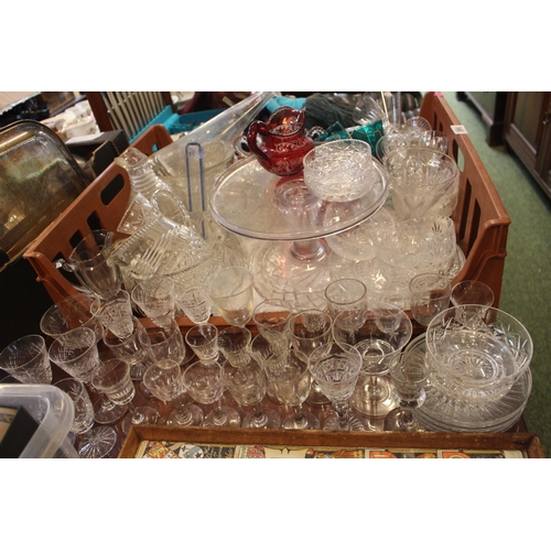 104 - Large collection of 19thC and Later glassware inc. etched Ruby glass cream jug, cake stand, wine gla... 