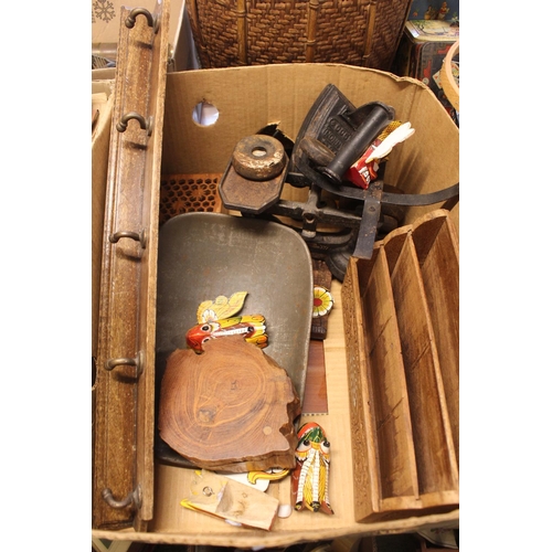 108 - Collection of assorted Ethnographic and bygone items inc. Weighing scales, Cane basket etc