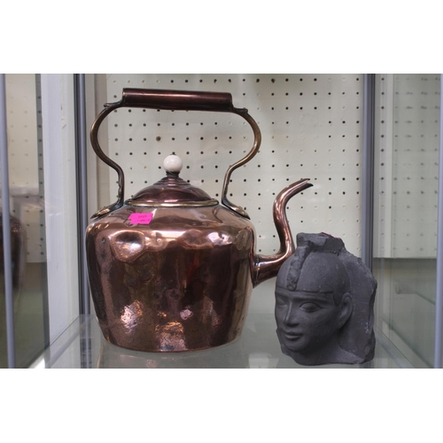 12 - 19thC Copper Kettle and an Egyptian model head