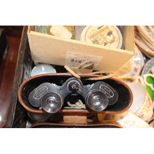 122 - Collection of assorted Tea ware, Tobacco tins and a Pair of Delmar of Paris Binoculars