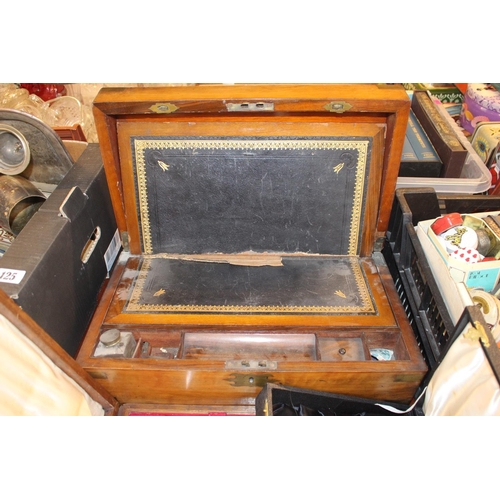 123 - 19thC fitted Walnut writing slope with brass applied plaque, Oak cased canteen of cutlery and a dres... 