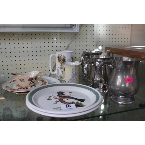 16 - 3 20thC Pewter Tankards, 2 Portmeirion Plates and assorted ceramics