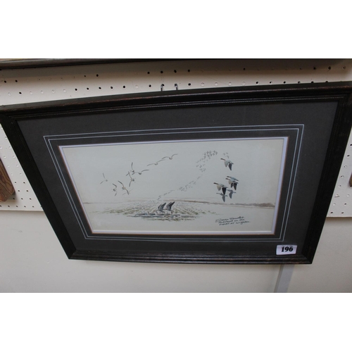 196 - Framed watercolours of Geese by Simon Tunder and a Satirical watercolour 'Gosh that's a big Goose an... 