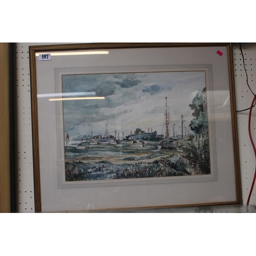 197 - Framed watercolour of Harbour scene monogrammed to bottom left and an Oil on board of a Woodland sce... 