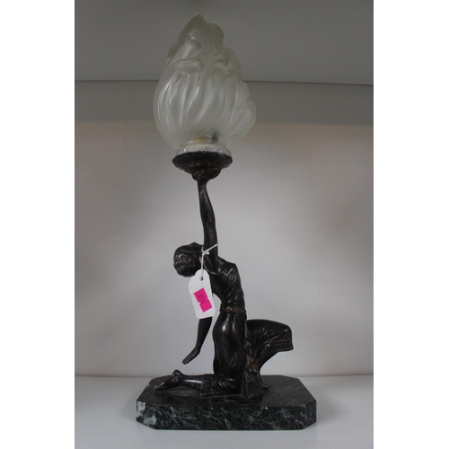 2 - 1930s Bronze Art Deco Figural table lamp on green marble base with frosted flame glass shade. 43cm i... 