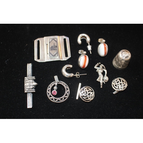 258 - Collection of assorted Small Silver Jewellery inc. Thimble, earrings, Belt buckle etc