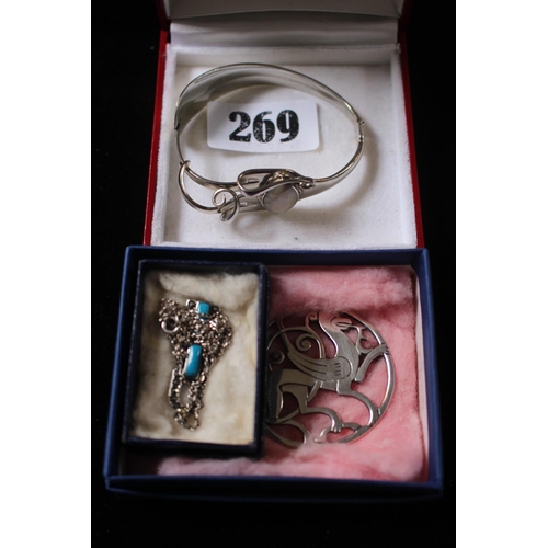 269 - Silver Shetland Brooch, Silver chain with pendant and Fork Bangle