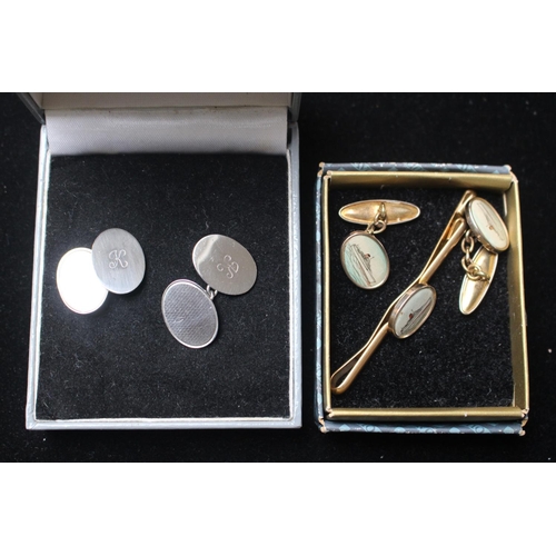 274 - Pair of Silver Cufflinks engraved and tie pin with cufflinks