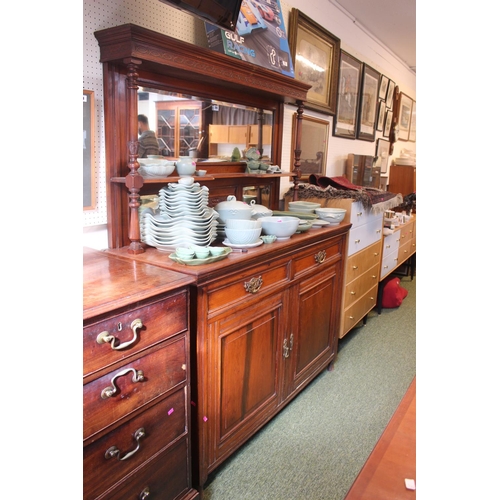 306 - Edwardian Walnut mirror backed dresser with brass drop handles and panel doors