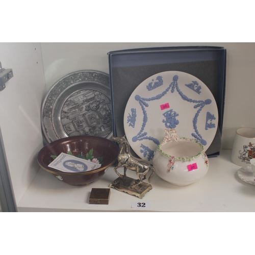 32 - Wedgwood Jasperware cabinet plate, Cloisonne floral bowl and assorted items