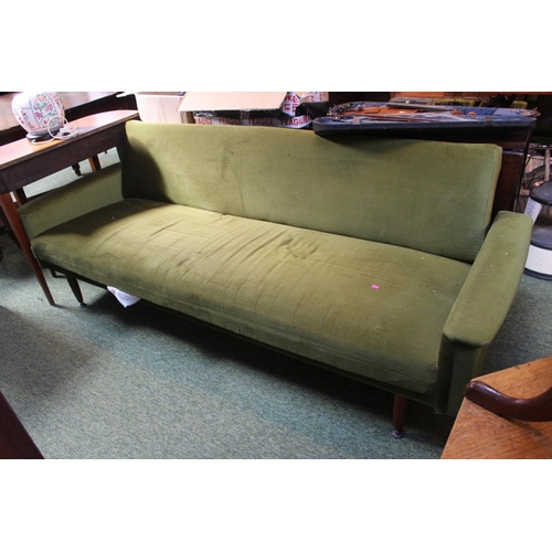 324 - Retro G Plan style Green sofa on wooden supports