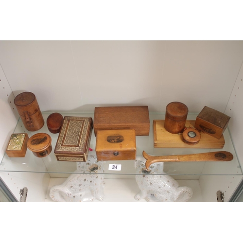 34 - Collection of Boxwood Mauchline ware inc. Letter opener, Twine box, Jewellery box etc