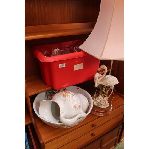 344 - Wash jug with bowl, Stork table lamp and a box of glassware