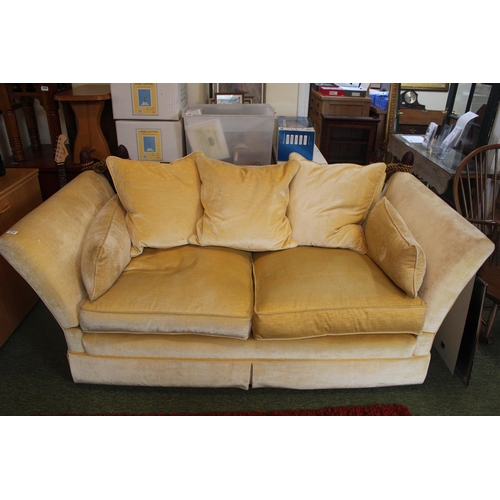 373 - Good Quality Yellow velour Knoll Sofa for 2 with multi coloured stays and casters to base