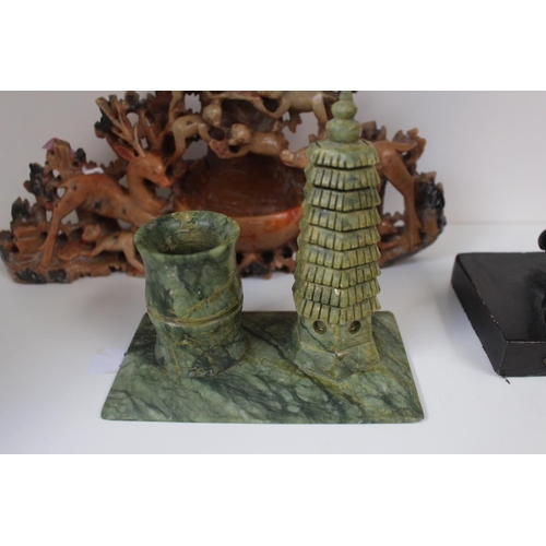 4 - Chinese Soapstone figural decorated Brush Pot and a hardstone carved model of a pagoda