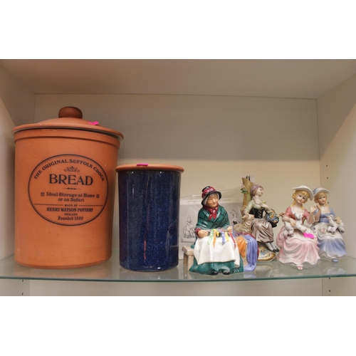 41 - Royal Doulton Silk & Ribbons figurine, assorted Figurines and a Henry Watson Pottery Bread Crock