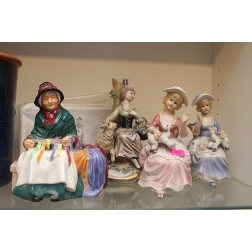 41 - Royal Doulton Silk & Ribbons figurine, assorted Figurines and a Henry Watson Pottery Bread Crock