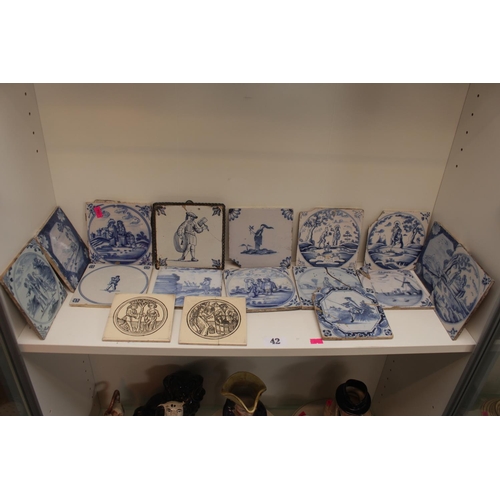 42 - Approx 15 18thC and later Blue & White Delft Tiles and 2 other tiles