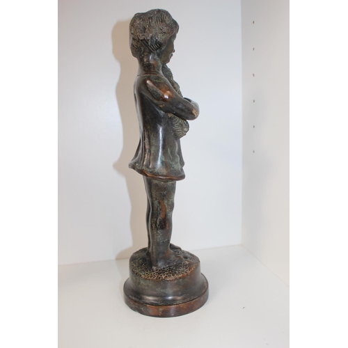 6 - 19thC Bronze figure of a young girl with a Bouquet of flowers on circular base. 29cm in Height