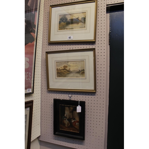 65 - Cattermole Caffrey pair of signed watercolours depicting river scenes and a Framed interior scene