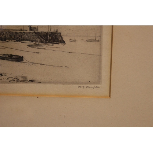 82 - Framed etching H G Kampton depicting a coastal scene and Kew Bridge & Strand on the Green by H Georg... 