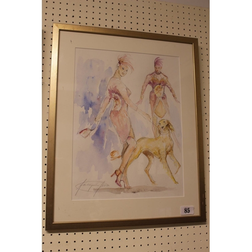 85 - Framed watercolour sketch by Newmarket artist Jacquie Jones of a woman with dog signed to bottom lef... 