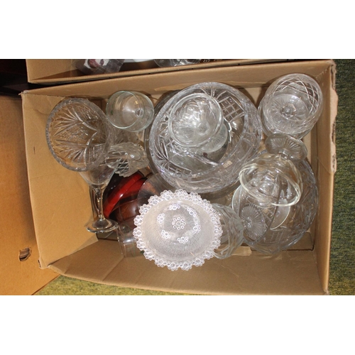 98 - 2 Boxes of assorted glassware, Inlaid Hardwood card case, Solitaire board etc