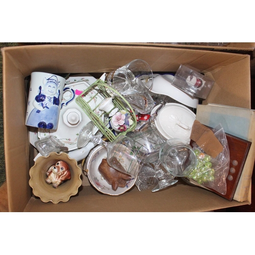 98 - 2 Boxes of assorted glassware, Inlaid Hardwood card case, Solitaire board etc