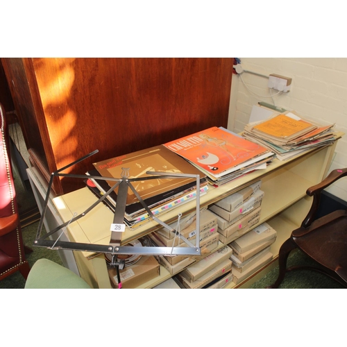 60 - Metal music stand, Collection of sheet music and a collection of assorted Vinyl Records