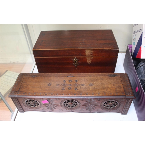 16 - Fruitwood German carved Candlebox with hinged lid and a 19thC Mahogany veneered Tea Caddy