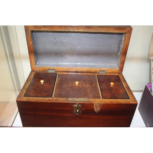 16 - Fruitwood German carved Candlebox with hinged lid and a 19thC Mahogany veneered Tea Caddy