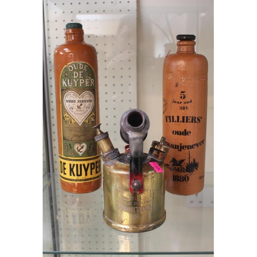 18 - Monitor Brass Parafin Blow Lamp and 2 Dutch Stoneware bottles