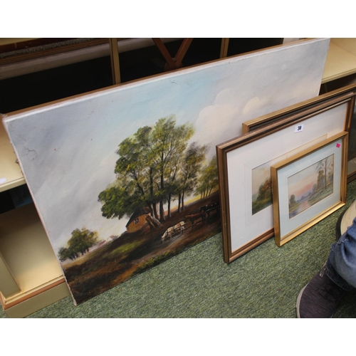 30 - Collection of Assorted 19thC and later Watercolours and a Acrylic on canvas of a Horse and plough